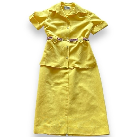60s 70s Rhodes California Vintage skirt suit set safari yellow button up rainbow - Picture 1 of 17